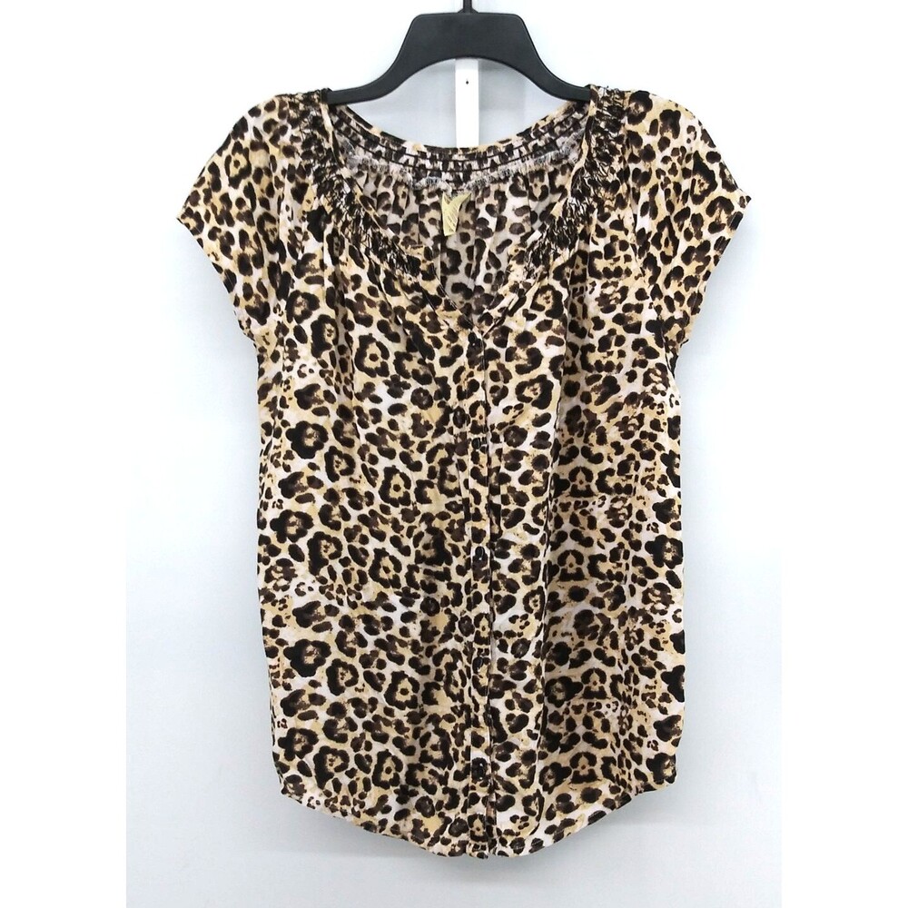 Faded Glory Blouse Women Size M Brown Animal Print Cap Sleeve Button Up Top